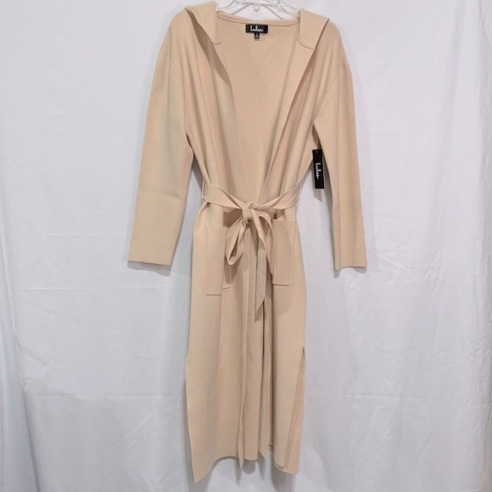 LULUS timeless touch beige longline open hooded cardigan patch pockets tie sz S